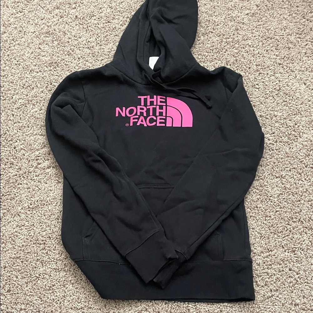 The North Face Black Hoodie with Vibrant Pink Logo